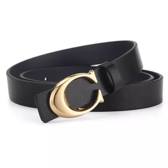 Black Vegan Leather Belt with Gold C Buckle – Fits Waist 28-36 Inches - Classic - Picture 1 of 11